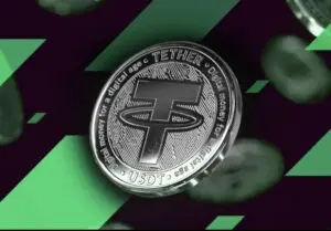 Sjajni Tether (USDT) novčić s modernim dizajnom i futurističkom pozadinom.