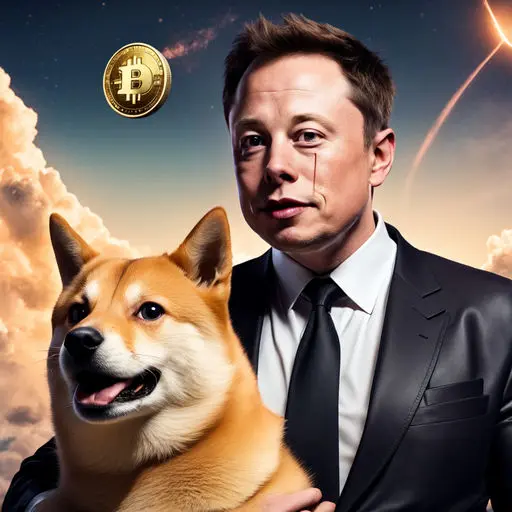 Elon Musk drži Dogecoin logo, simbolizirajući njegov utjecaj na rast i popularnost kriptovalute.