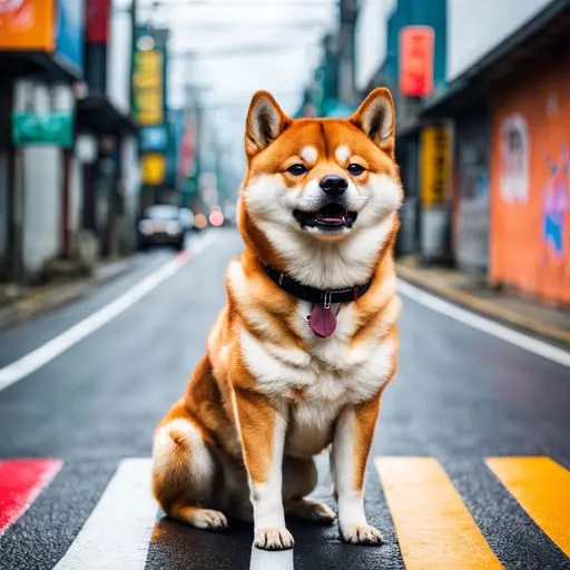 hiba Inu kriptovaluta - simbol virtualne valute s crvenom maskotom kako sjedi na cesti.. Razmislja o bitcoinu i kriptovalutama i tokenima. Shiba inu potencijal tokena