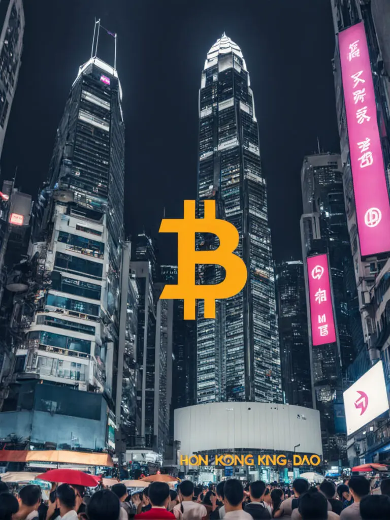 Pogled na Hong Kong uz vizualne elemente blockchain tehnologije.