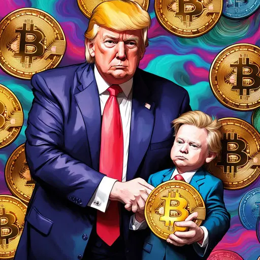 Eric Trump drži Bitcoin simbol u ruci, najavljujući značajnu vijest o kriptovalutama dok Donald Trump raspravlja o nacionalnoj zalihi Bitcoina.