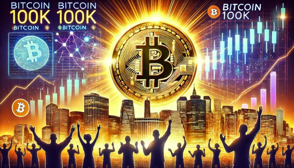 Bitcoin 100K proslava s modernim gradskim pejzažem i grafikonima rasta vrijednosti, mrtav gospodo