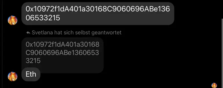 Razgovor o Ethereum adresi u aplikaciji za poruke, uključuje alfanumerički kod.