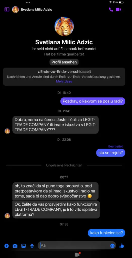 Razgovor o LEGIT-TRADE COMPANY na Facebook Messengeru sa Svetlanom Milic Adzic.