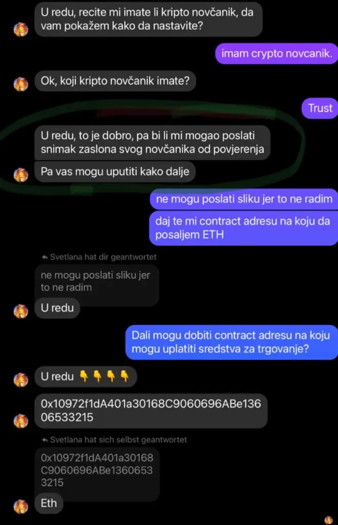 Razgovor o kriptovalutama i transakcijama u chat formatu s naglaskom na povjerenje.