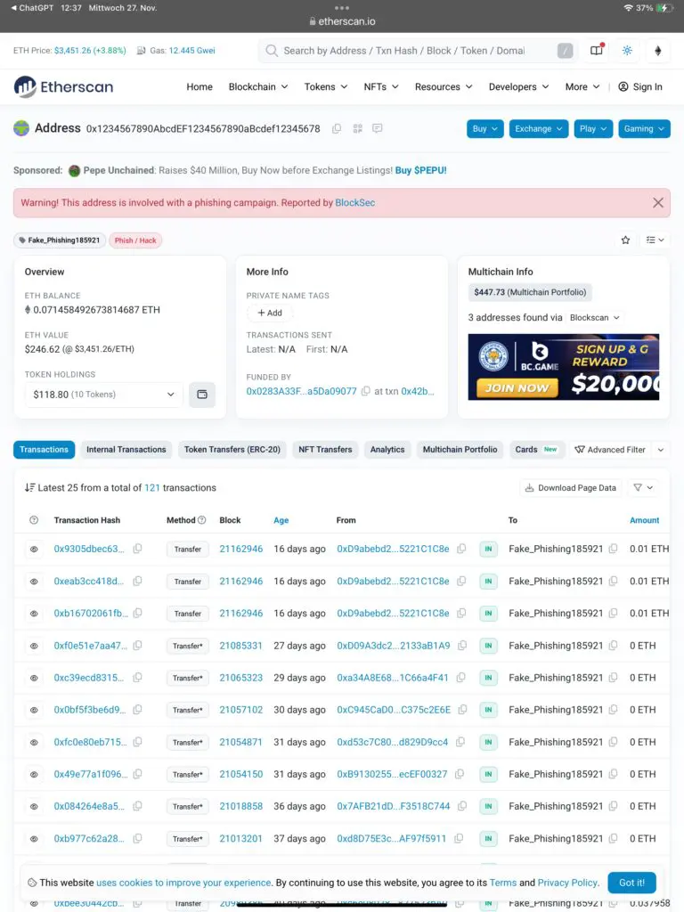 Etherscan prikazuje upozorenje o phishingu za Ethereum adresu s detaljima transakcija.