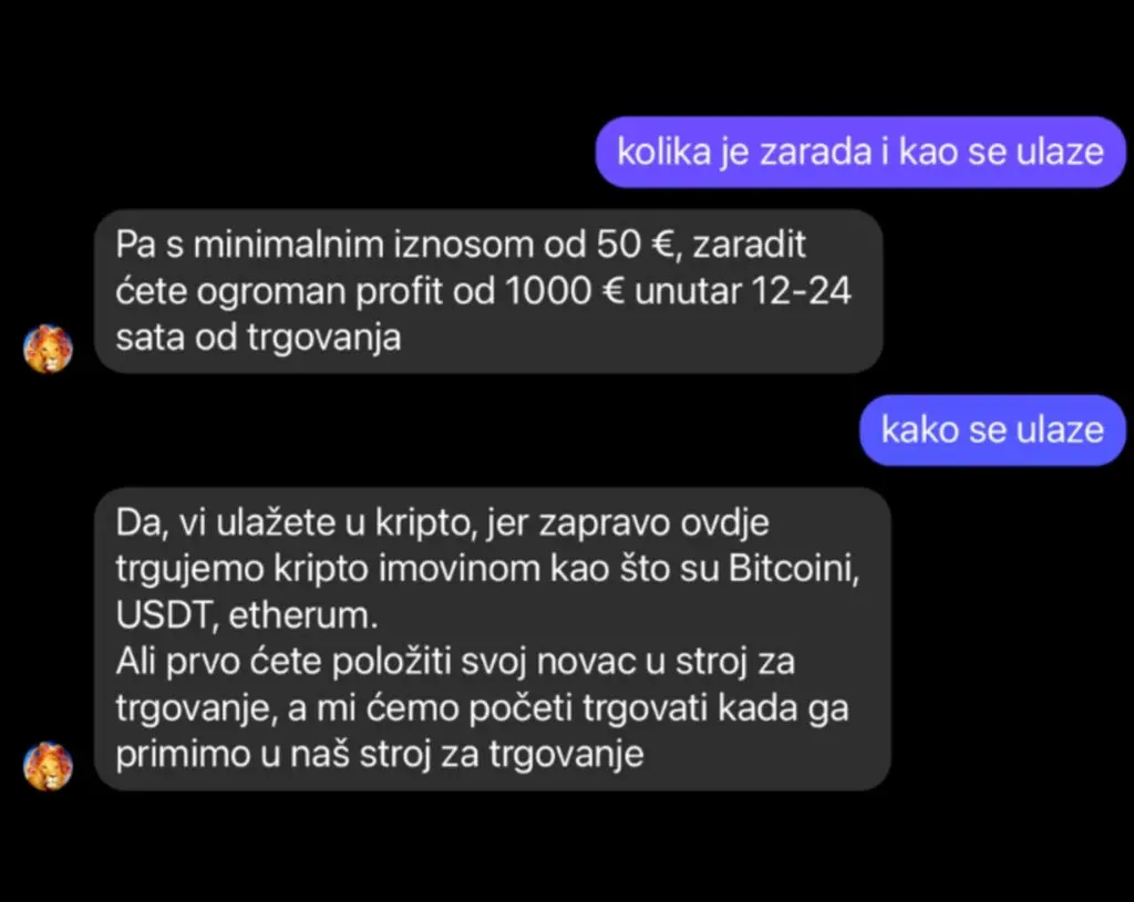 Razgovor o investicijama u kriptovalute s potencijalnim zaradama od 1000 eura.