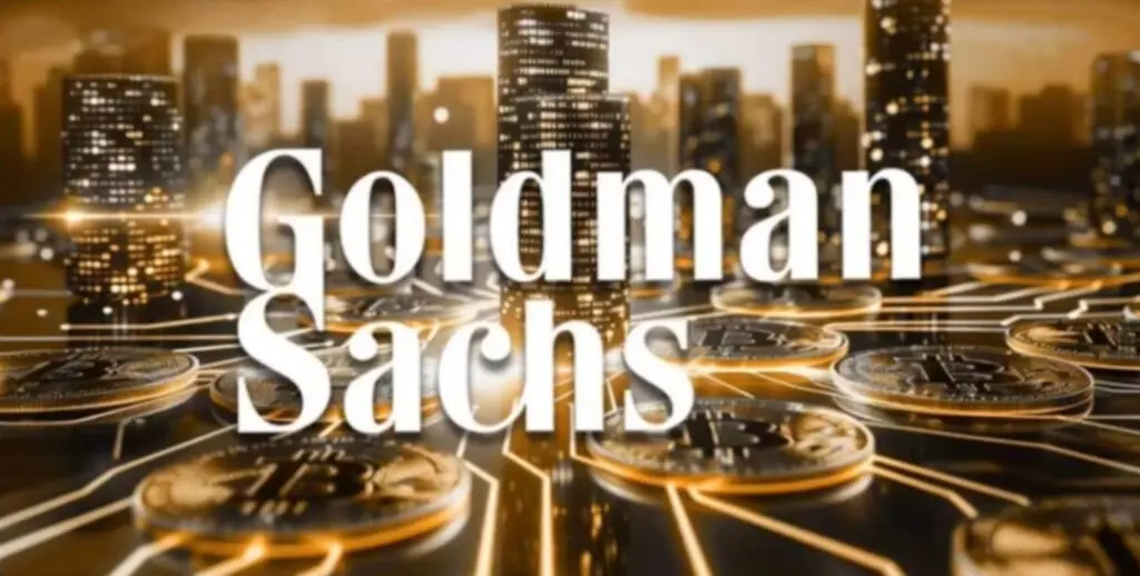 Goldman Sachs logo amidst Bitcoin coins and a futuristic cityscape, symbolizing financial innovation, Goldman Sachs i plan izdvajanja platforme za digitalnu imovinu