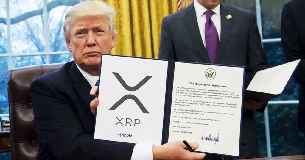 Čovjek u odijelu potpisuje Ripple ugovor s XRP logotipom u službenom okruženju.