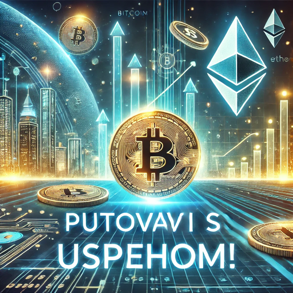 Futuristički prikaz Bitcoin i Ethereum sa svjetskim dosegom i tehnološkim gradom.