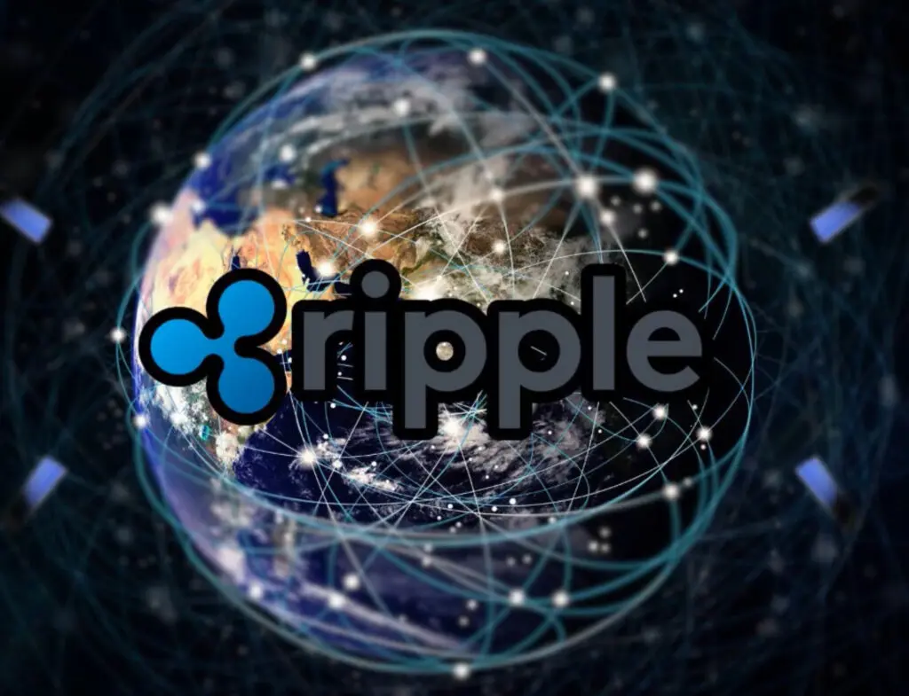 Ripple logo on a digital globe showcases global connectivity in cryptocurrency and finance networks.