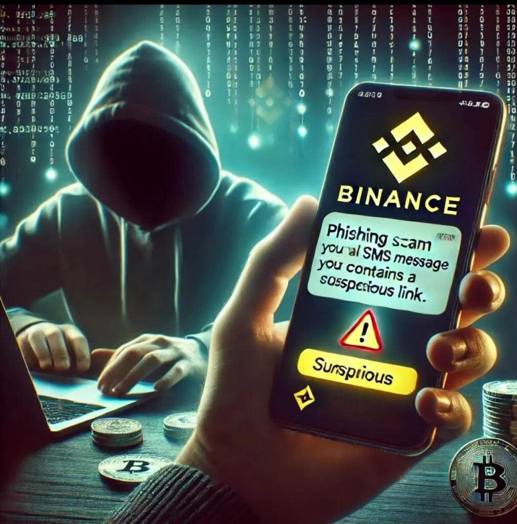 Upozorenje: Binance phishing prijevara, cyber kriminalac, Bitcoin, digitalna sigurnost, tehnologija.