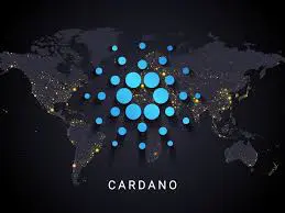 Cardano logo na svjetskoj karti, blockchain, decentralizacija, globalna prisutnost, inovacija, tehnologija.