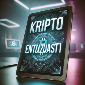 Tablet prikazuje Bitcoin simbol u tech-ambijentu s natpisom KRIPTO ENTUZIJASTI.