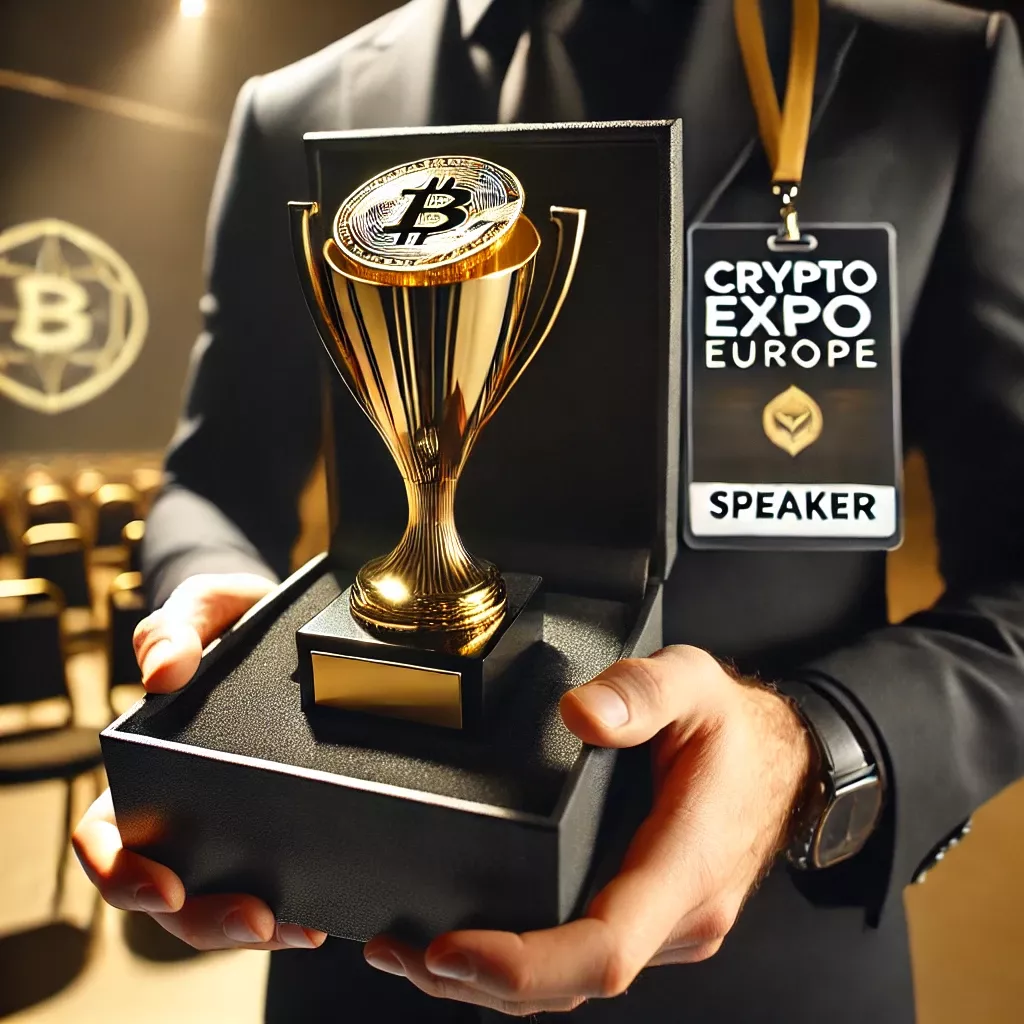 Osoba u odijelu drži trofej s bitcoin simbolom na kripto konferenciji.