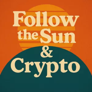 Retro sun and crypto design: vintage style, orange background, teal contrast, bold serif text.