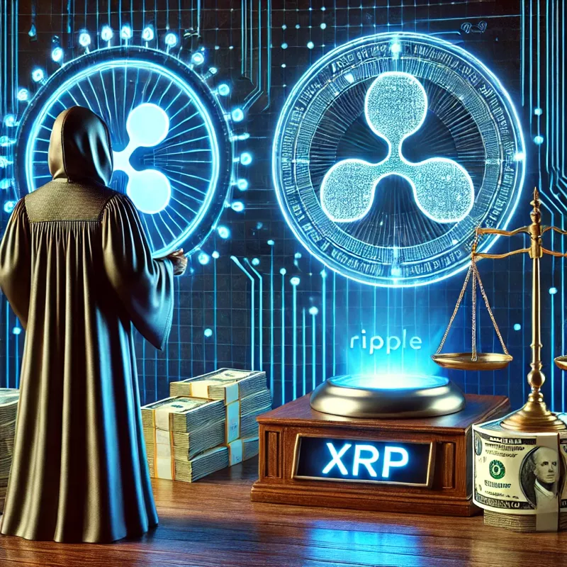 Futuristički prikaz XRP kriptovalute uz motiv pravosuđa i financijske ravnoteže. Presuda protiv Ripple-a