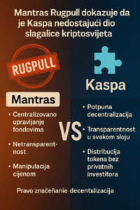 Usporedba kripto projekata Mantras i Kaspa: centralizacija naspram decentralizacije.