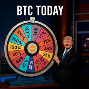 Bitcoin volatilnost ilustrirana na kotaču šarenih postotaka uz voditeljevu prezentaciju.