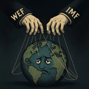 Karikatura o globalnoj manipulaciji Zemljom WEF-a i MMF-a.