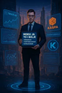 Čovjek u poslovnom odijelu u digitalnom gradu s natpisom MOGU JA TO I BOLJE.