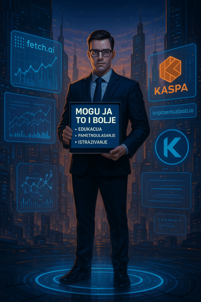 Čovjek u poslovnom odijelu u digitalnom gradu s natpisom MOGU JA TO I BOLJE.