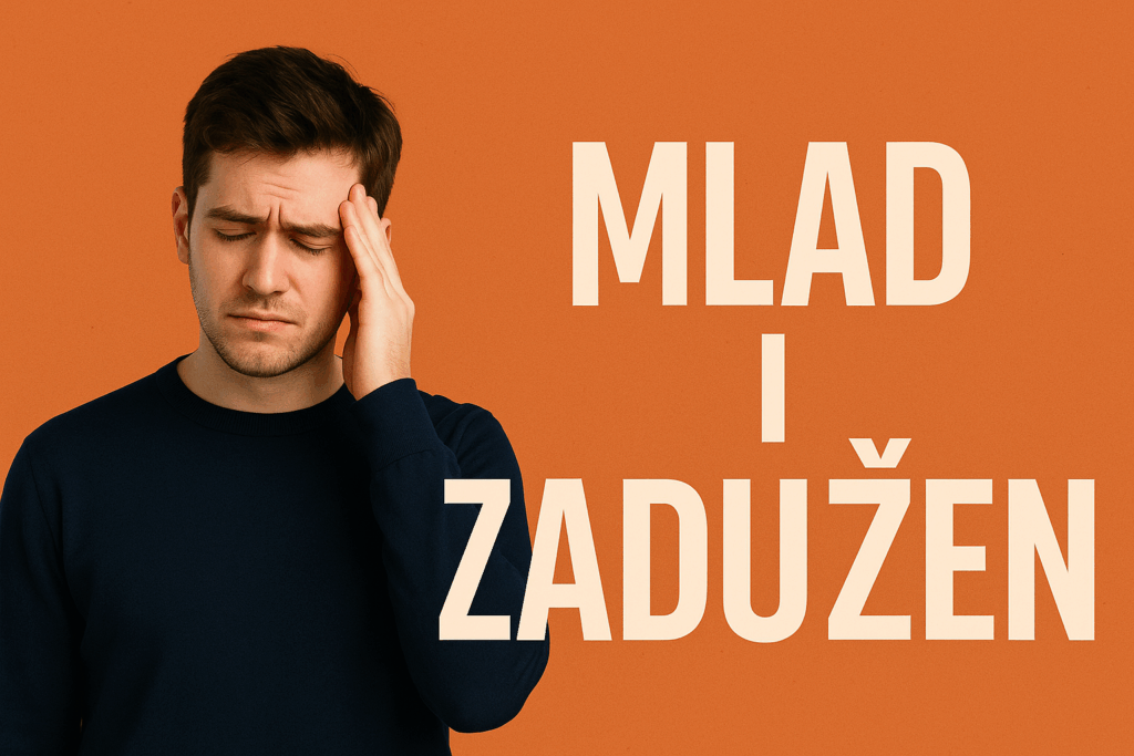 Mladić zabrinut zbog duga na narančastoj pozadini s tekstom Mlad i zadužen.