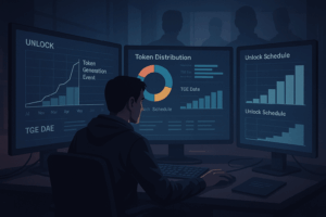 Analitičar proučava raspodjelu tokena i TGE unlock dijagrame dok ga iz pozadine promatraju siluete investitora
