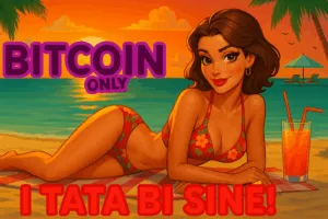 Plaža zalazak sunca, crtan žena u badiću, Bitcoin, ljeto, odmor, kripto promocija.