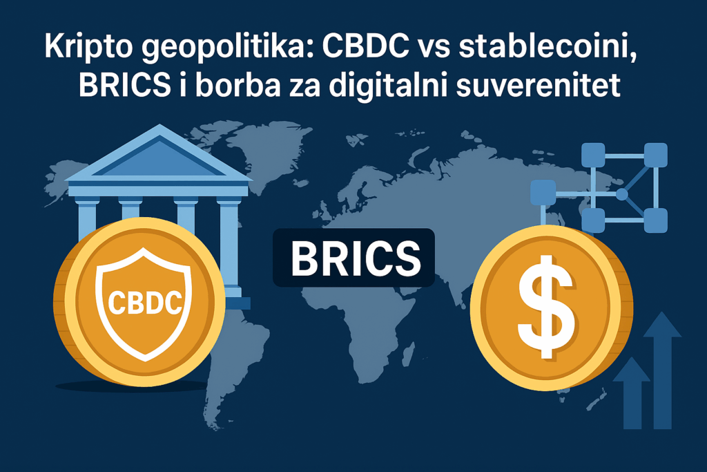 Flat ilustracija CBDC i stablecoin sukoba s BRICS logotipom i svjetskom kartom – simbol digitalnog suvereniteta i kripto geopolitike.kripto geopolitika
