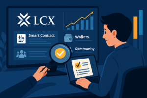 Ilustracija DYOR 2.0 prikazuje investitora kako analizira LCX projekt i koristi alate za provjeru pametnih ugovora, walleta i zajednice.