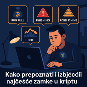 Investitor u tamnoj sobi analizira kako prepoznati i izbjeći najčešće zamke u kriptu, uz upozorenja na rug pull, phishing i ponzi sheme