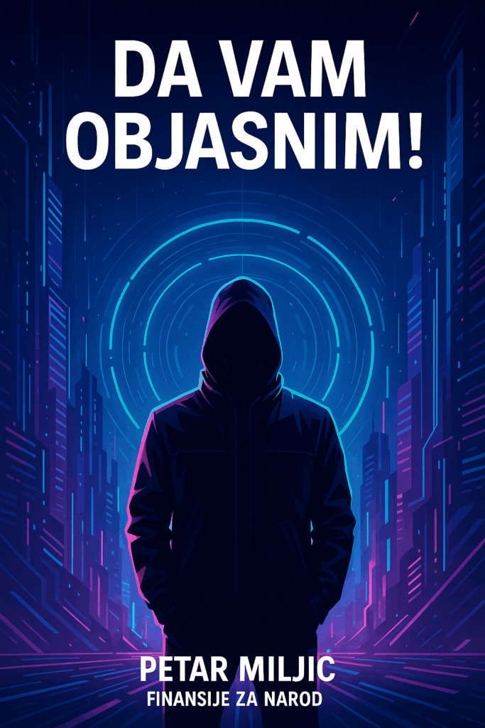 Misteriozni čovjek u hoodici ispred neon futurističkog grada, financije za narod, prvi korak ka...Petar Miljić.