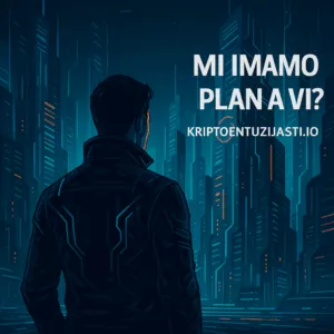 Futuristički cyberpunk grad i muškarac s neonskim uzorkom, Kripto entuzijasti plan A.