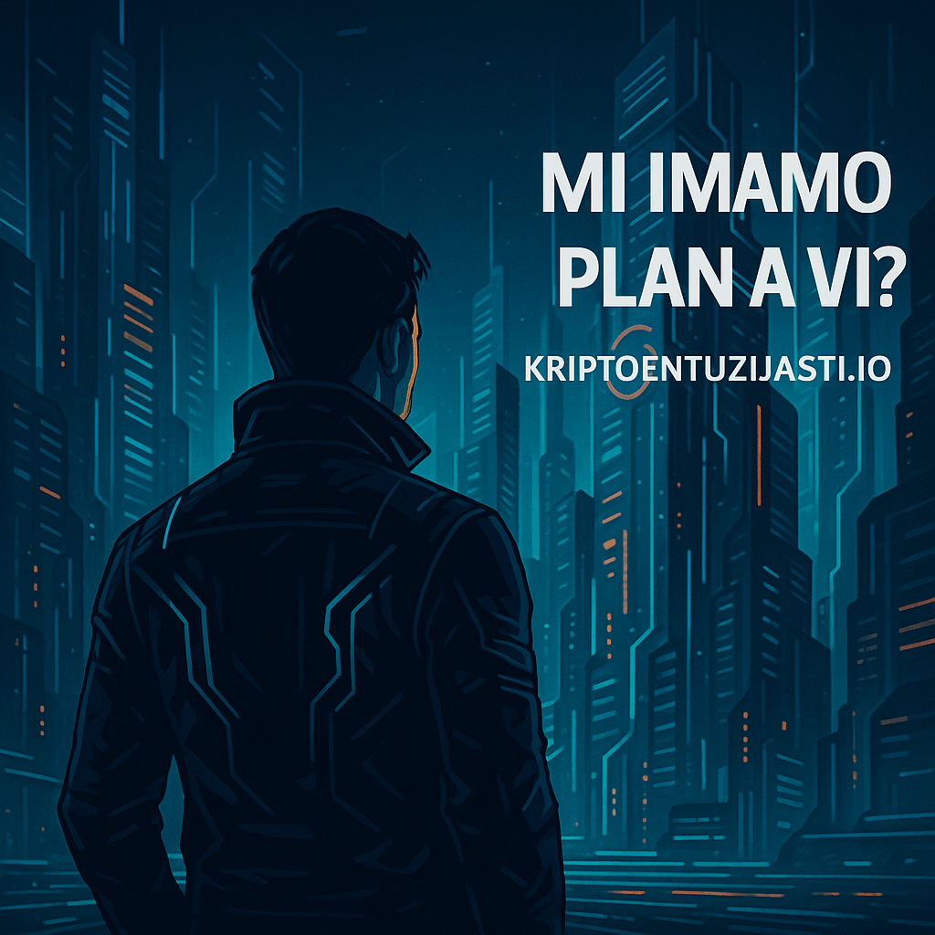Futuristički cyberpunk grad i muškarac s neonskim uzorkom, Kripto entuzijasti plan A.Svi pričaju o padu.