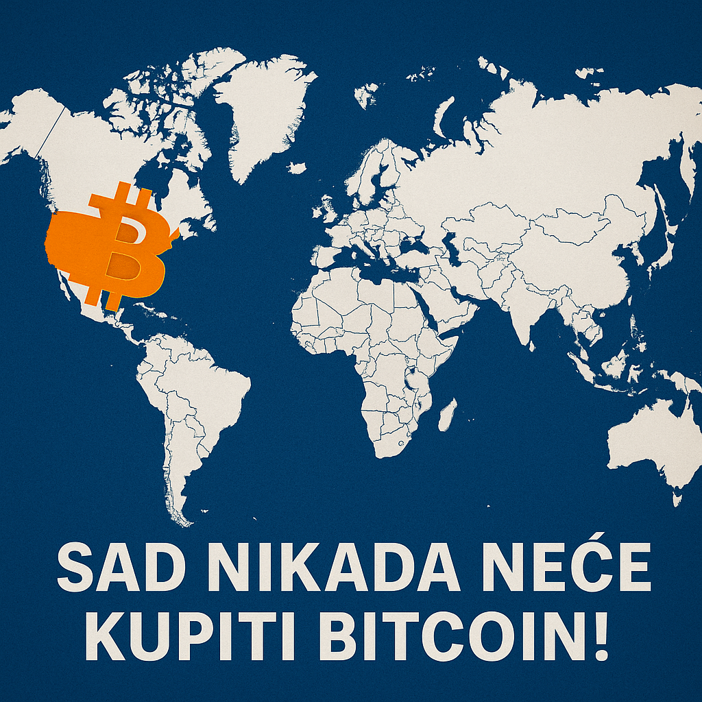 Karta svijeta s Bitcoin simbolom preko SAD-a i porukom SAD nikada neće kupiti Bitcoin!, Luda teorija, SAD nikada neće kupiti Bitcoin!