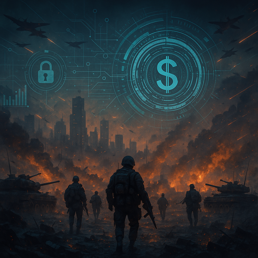 Vojnici u ratu, razrušeni grad i digitalni simboli novca.