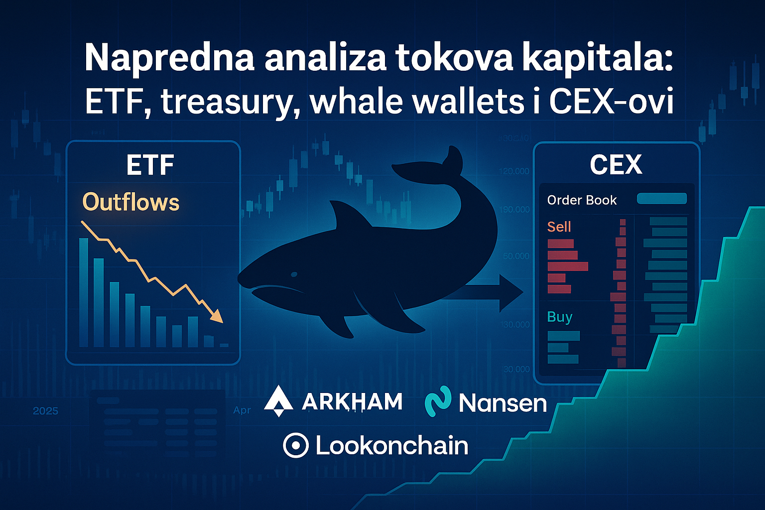 ETF outflow grafikon, whale wallet koji prenosi kapital na CEX, prikaz knjige naloga i logotipi Arkham, Nansen, Lookonchain – sve na mračnom financijskom pozadinskom grafikonu.