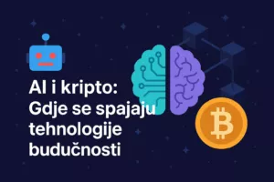Ilustracija prikazuje spoj umjetne inteligencije i kriptovaluta kroz simbole robota, mozga i Bitcoina povezanih blockchain mrežom, na tamnoj pozadini budućnosti.