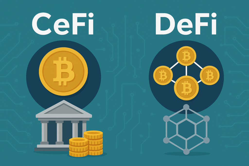 CeFi i DeFi vizualna usporedba: centralizirane banke i decentralizirani blockchain.