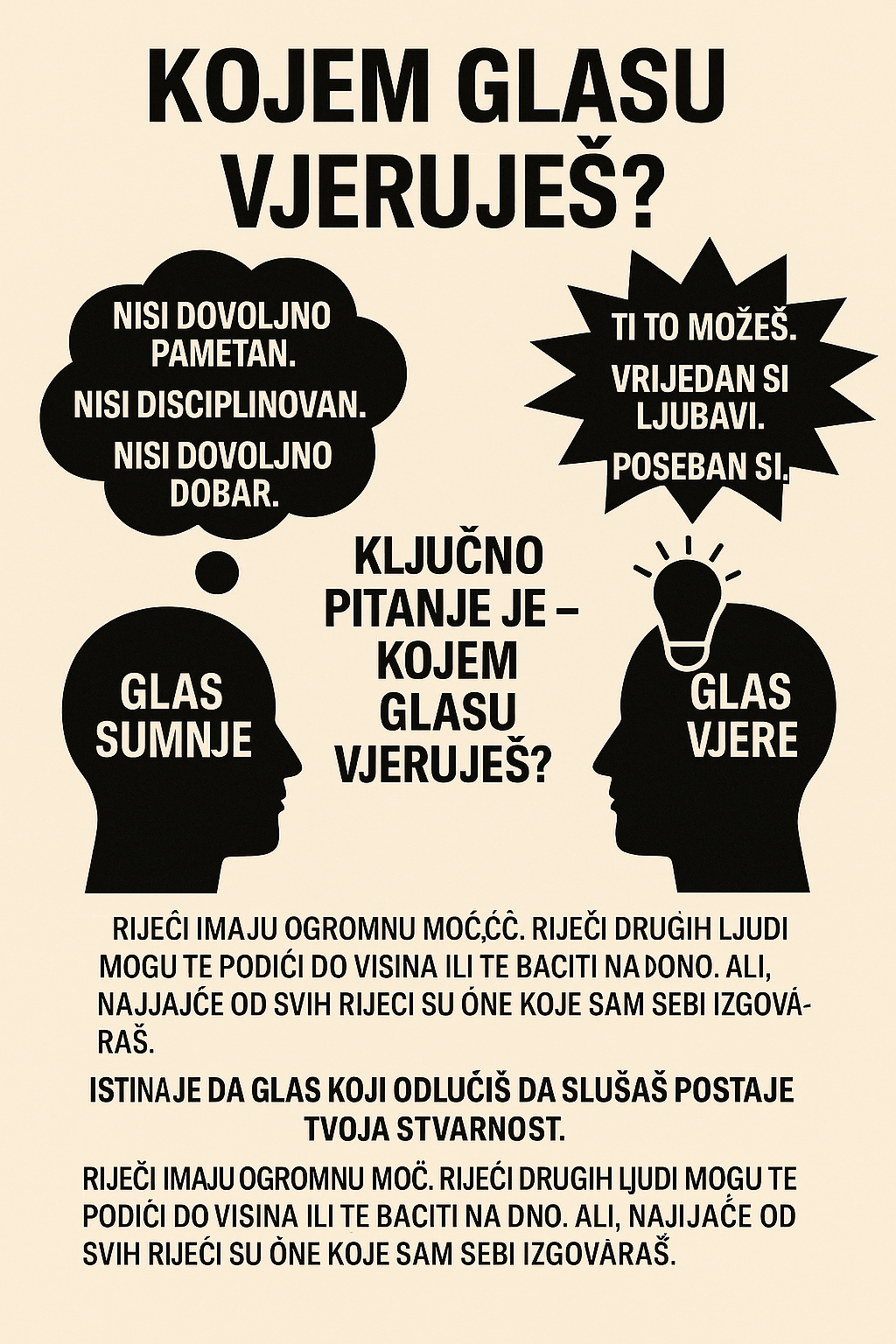 Motivacijski poster: unutarnji glas, sumnja, vjera i snaga riječi za samorazvoj.Kojem glasu vjeruješ