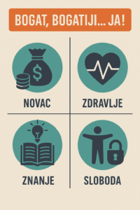 Bogat, Bogatiji... Ja! infografika prikazuje stupove bogatstva: novac, zdravlje, znanje, slobodu.