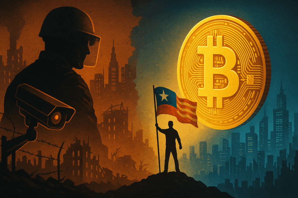 Ilustracija prikazuje simbolički sukob između digitalne kontrole i decentralizirane slobode koju omogućuje Bitcoin.