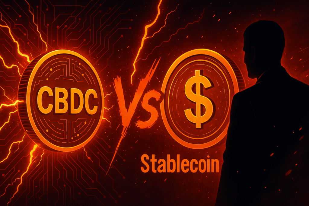 Ilustracija prikazuje digitalni sukob između CBDC-a i stablecoina – simbolizira geopolitički utjecaj na kripto i borbu za kontrolu novca.