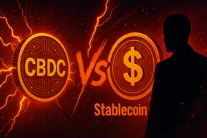 Ilustracija prikazuje digitalni sukob između CBDC-a i stablecoina – simbolizira geopolitički utjecaj na kripto i borbu za kontrolu novca.