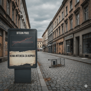 Pad cijene Bitcoina i urbano propadanje, Nema interesa za kupnju, na napuštenoj ulici.