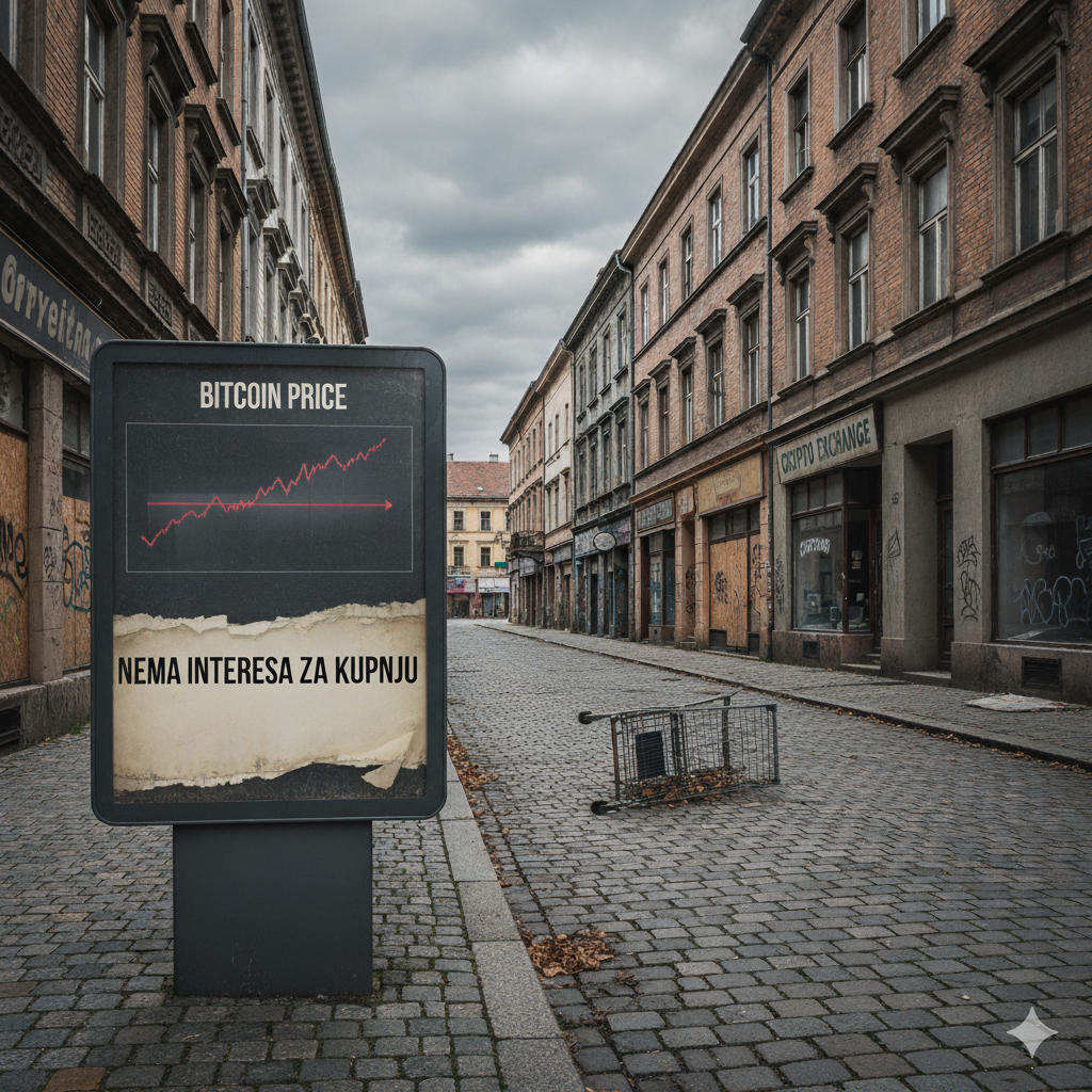 Pad cijene Bitcoina i urbano propadanje, Nema interesa za kupnju, na napuštenoj ulici.