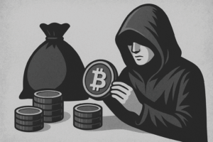 Tajanstveni zbiratelj bitcoina pregledava kriptovalute i gomile novčića.