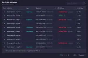 Kaspa blockchain nadzorna ploča: top 10.000 adresa, stanja i promjena novčanika.