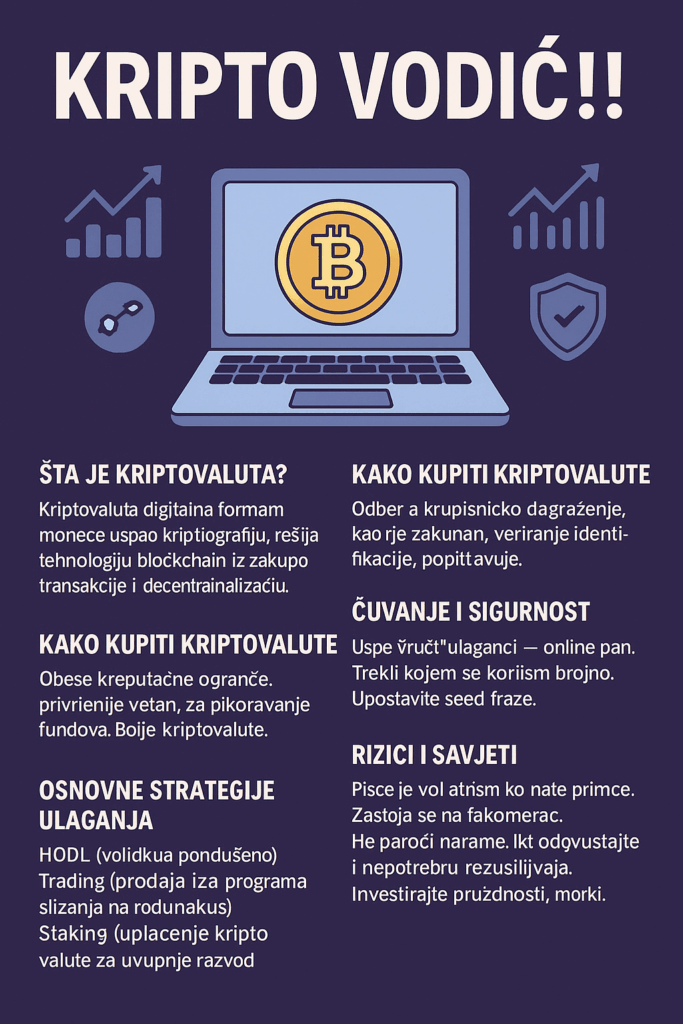 Infografika Kripto Vodič: laptop, Bitcoin, kupovina i ulaganje kriptovaluta.